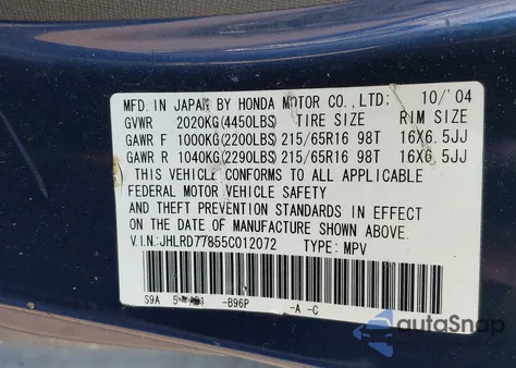 2005 Honda Cr-V Ex из США, поврежденный, VIN JHLRD77855C012072